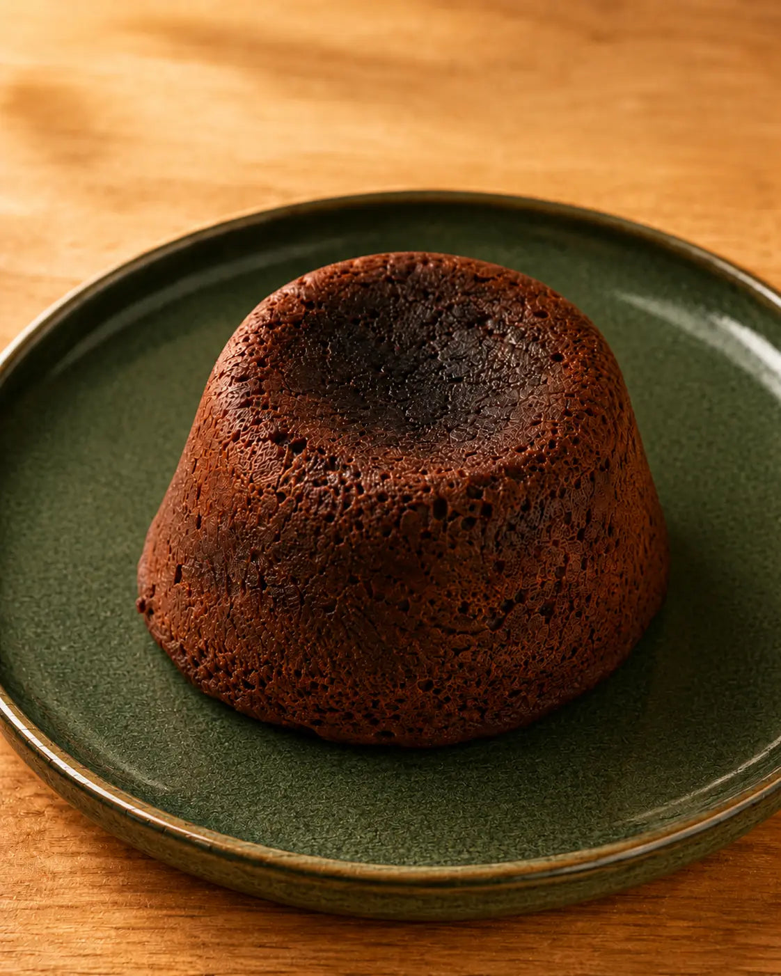 Chocolate lava cake served on a green plate