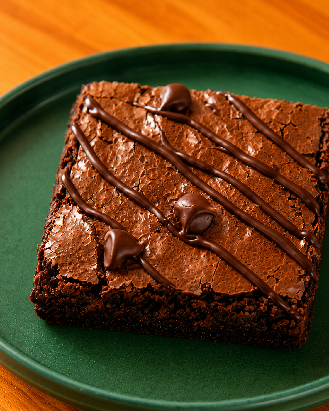Close-up of rich chocolate brownie with chocolate drizzle on green plate