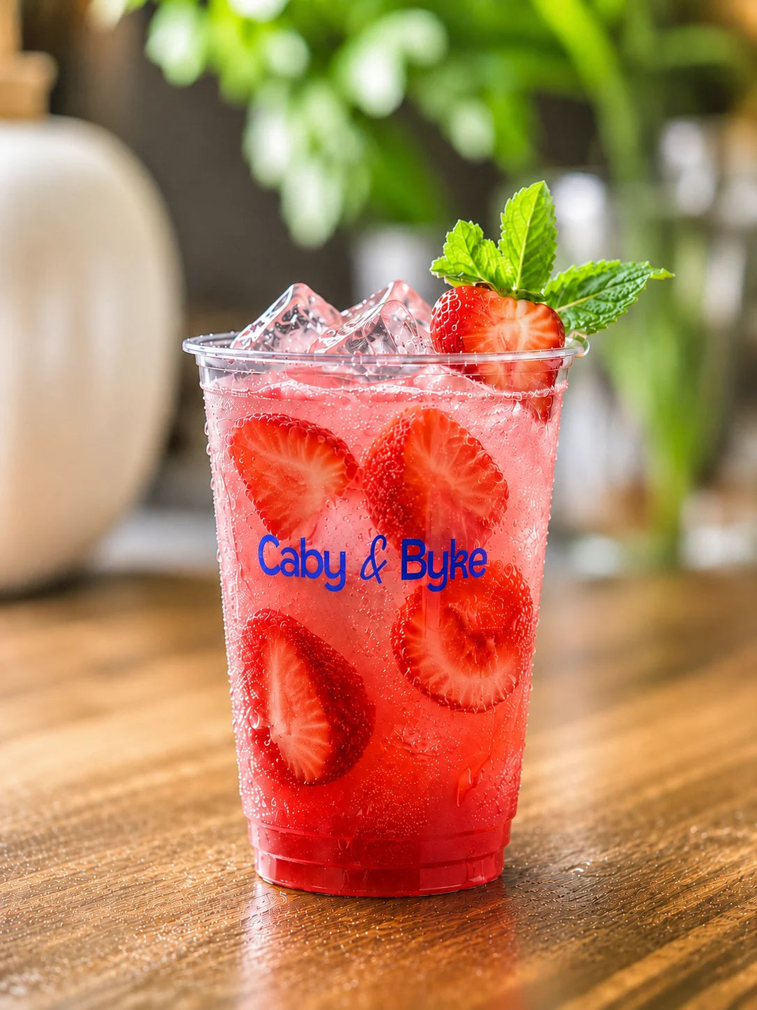 Floral Strawberry Chiller with fresh strawberries, mint leaves, and ice at Caby & Byke.