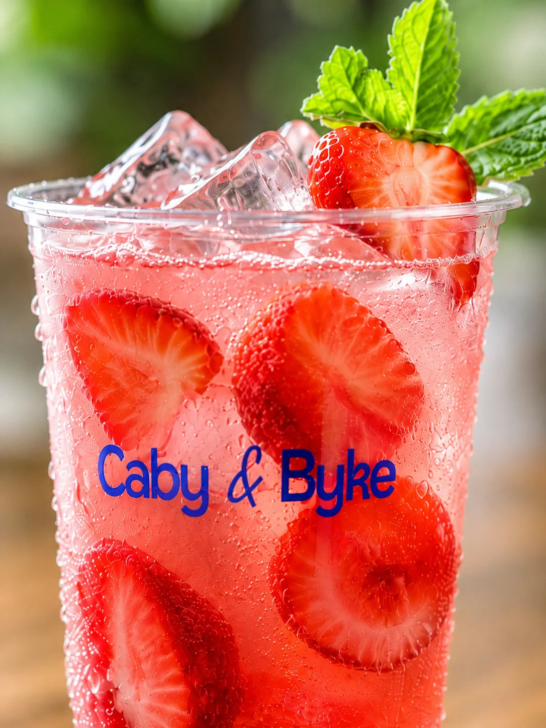 Close-up of Floral Strawberry Chiller with fresh strawberry slices, mint, and ice.