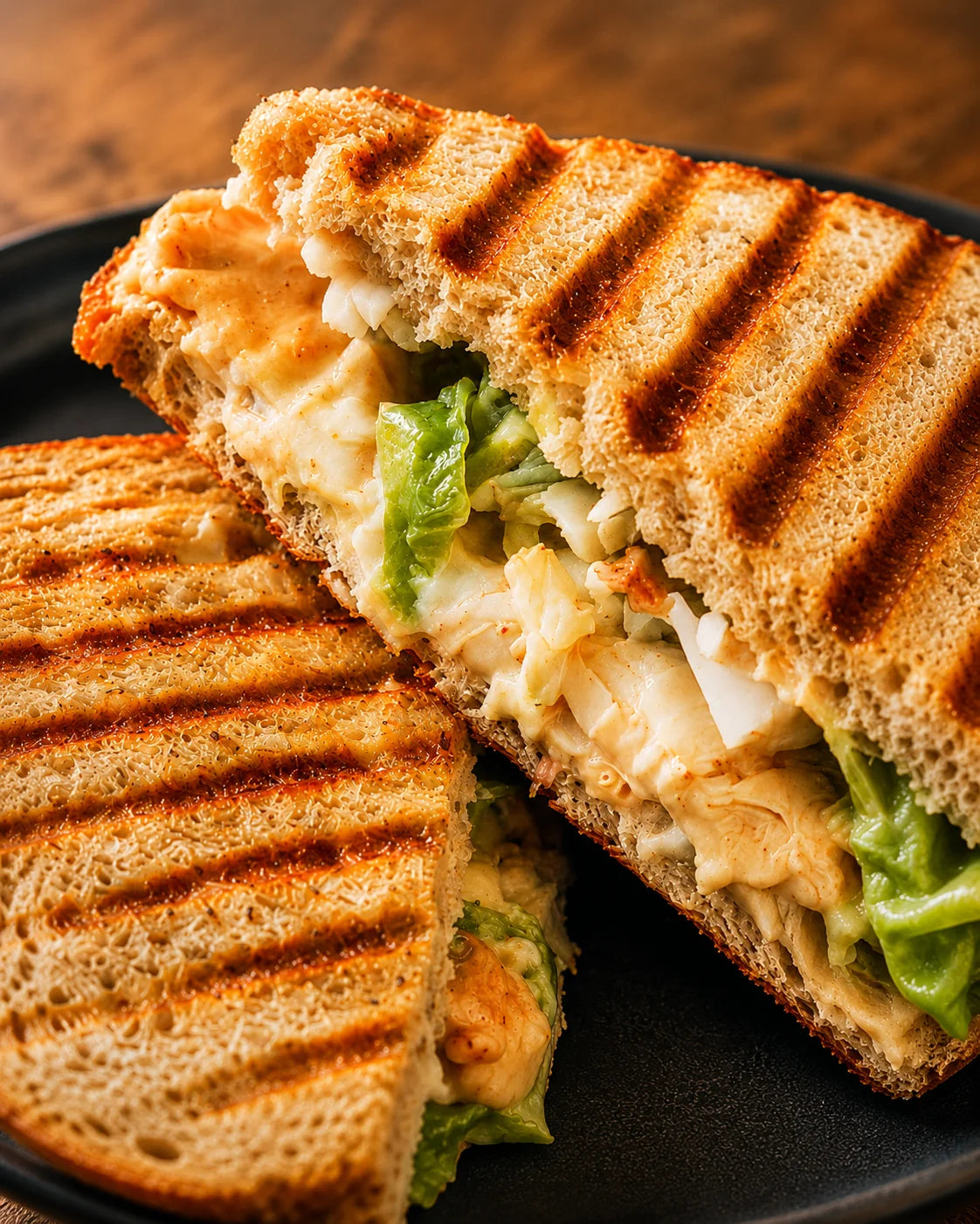 Grilled chicken sandwich with creamy sauce, lettuce, and toasted bread