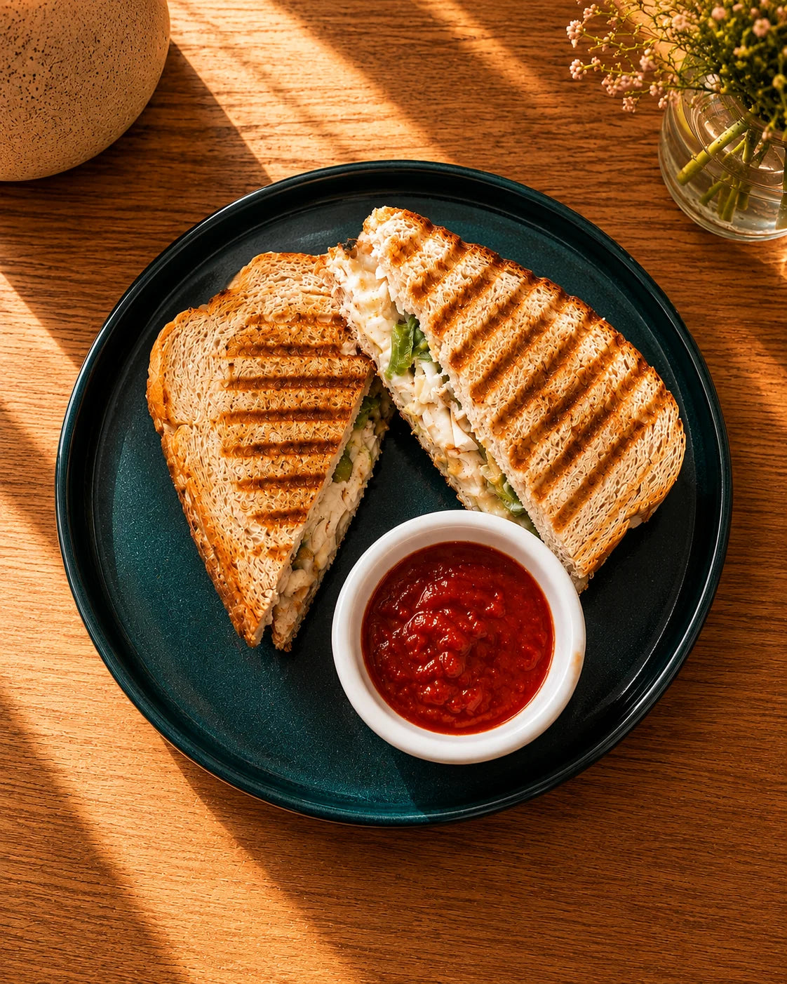 Grilled chicken sandwich halves with lettuce and creamy filling served with dipping sauce