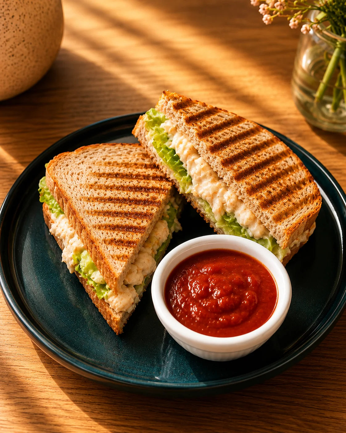 Grilled chicken sandwich served with tomato dipping sauce on a black plate